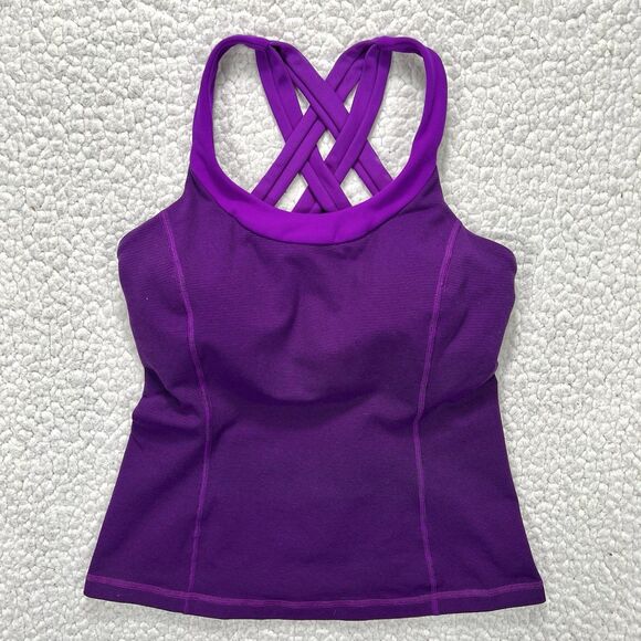 Lululemon Power Y Tank Top Sz 6 Purple Stripe Criss Cross Back Built In Bra Yoga - Picture 1 of 11